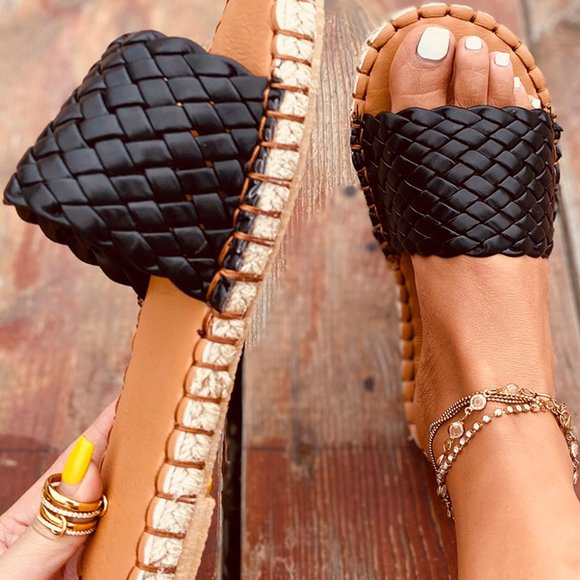 jaycieonposh Shoes - Black & Tan Braided Vegan Leather Espadrilles Slides